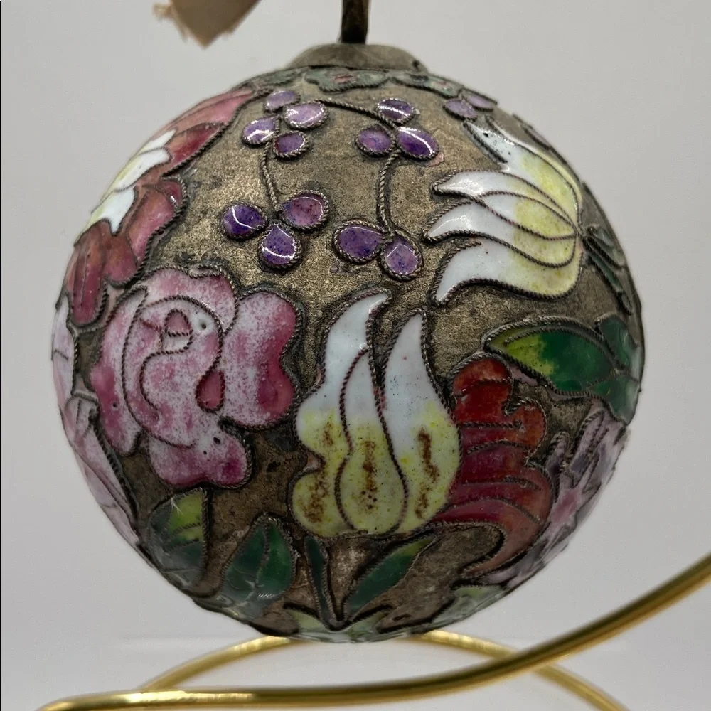 Vintage Enamel Cloisonné Egg Ornament With Ribbon Tie  And Stand